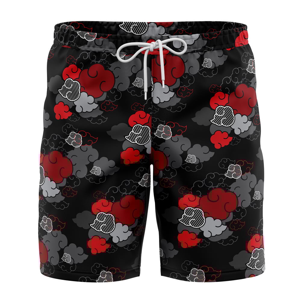 Black Aloha Akatsuki Hawaiian Shorts FRONT Mockup Knot - Anime Swim Trunks