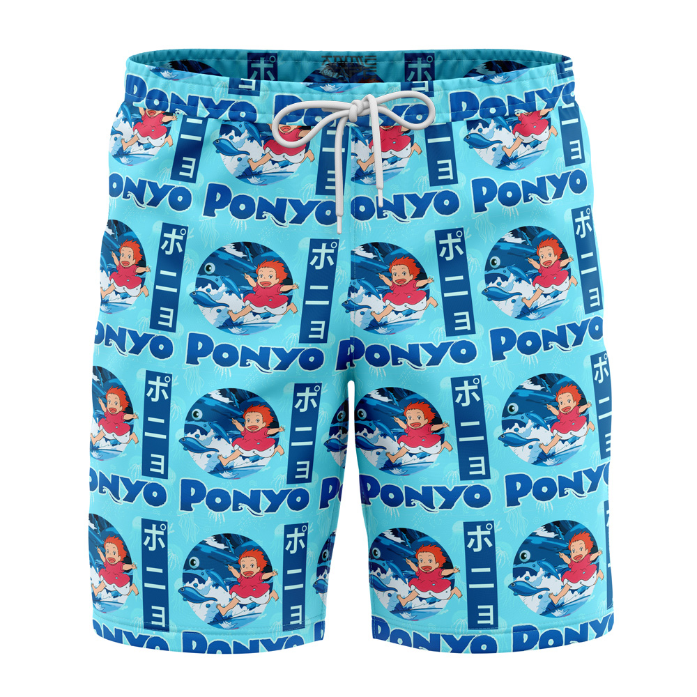 Sea Creatures Ponyo Studio Ghibli Hawaiian Shorts FRONT Mockup Knot - Anime Swim Trunks